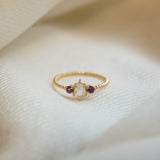Alaina Moonstone and Garnet Ring, handcrafted ring in 24K gold vermeil