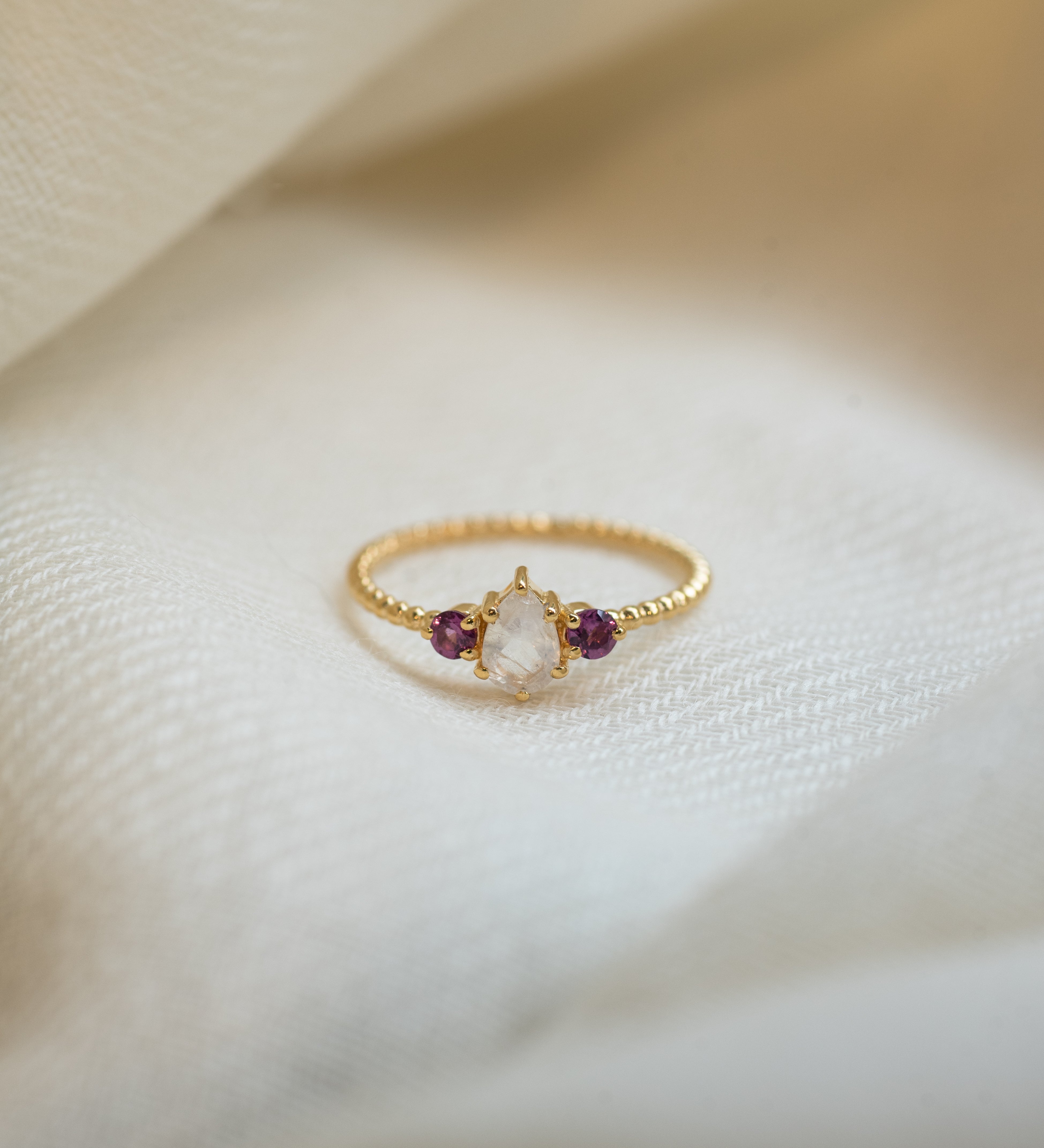 Alaina Moonstone and Garnet Ring, handcrafted ring in 24K gold vermeil