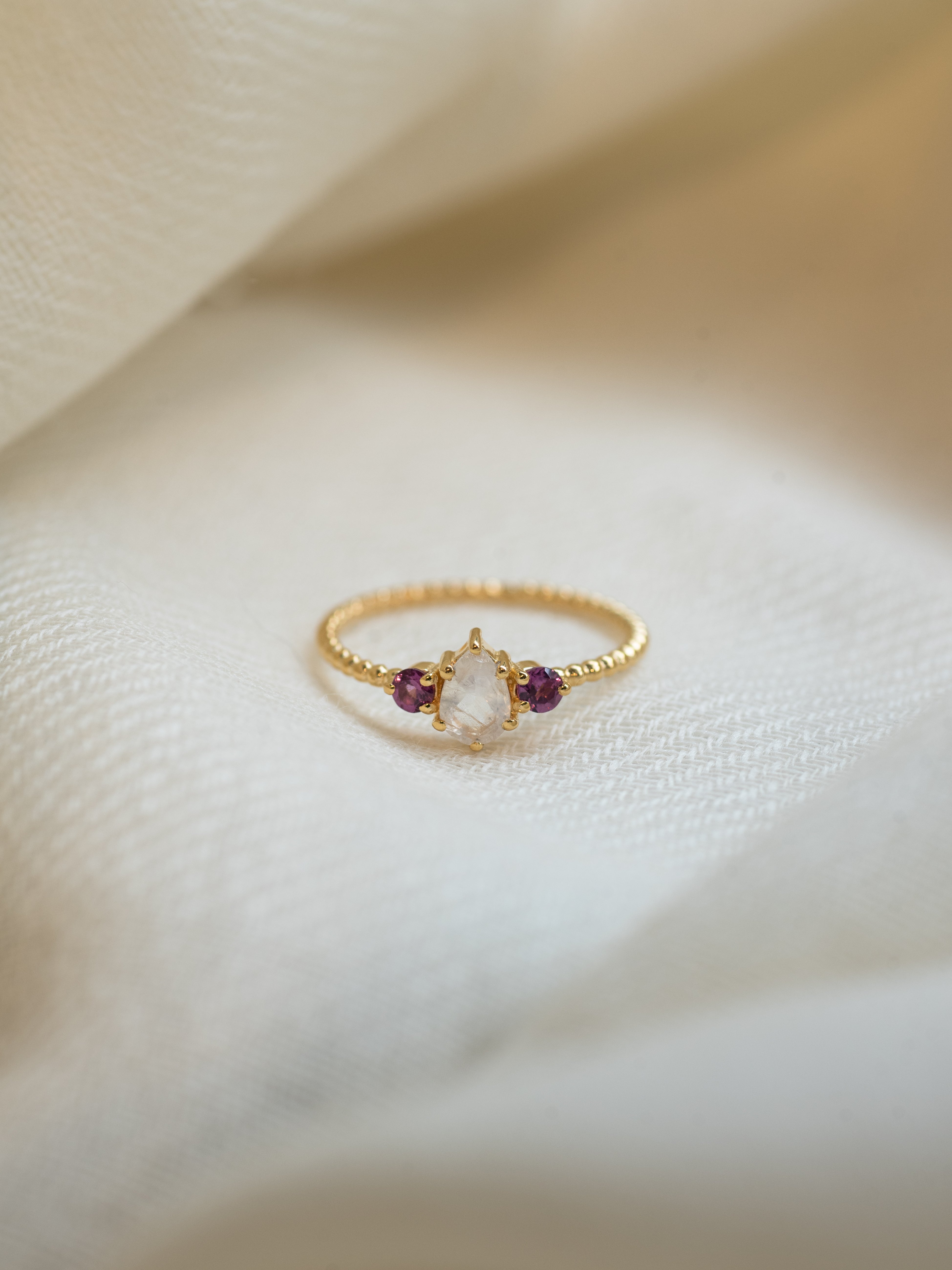 Alaina Moonstone and Garnet Ring, handcrafted ring in 24K gold vermeil
