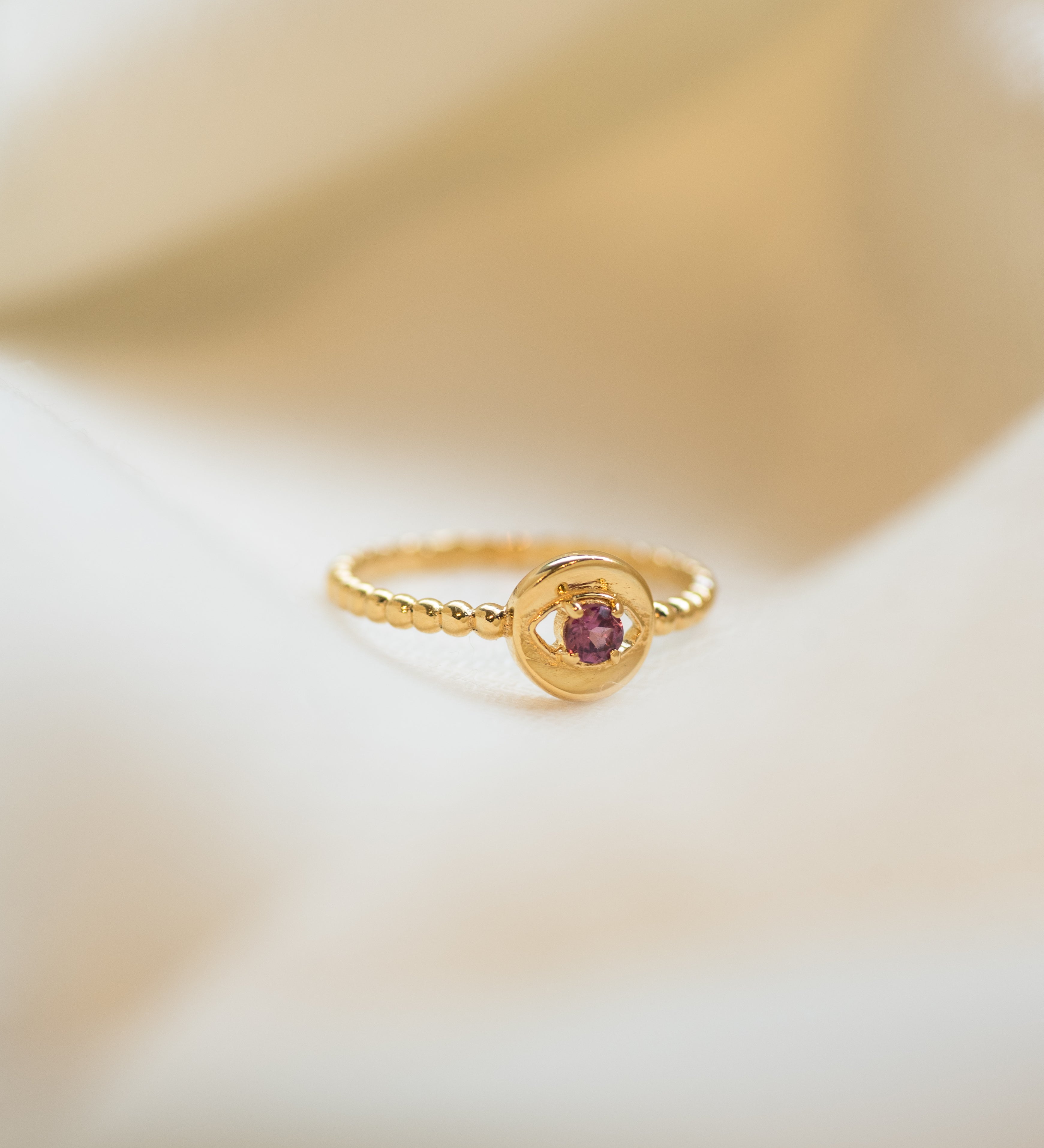 Guardian Eye Garnet Ring, handcrafted ring in 24K gold vermeil