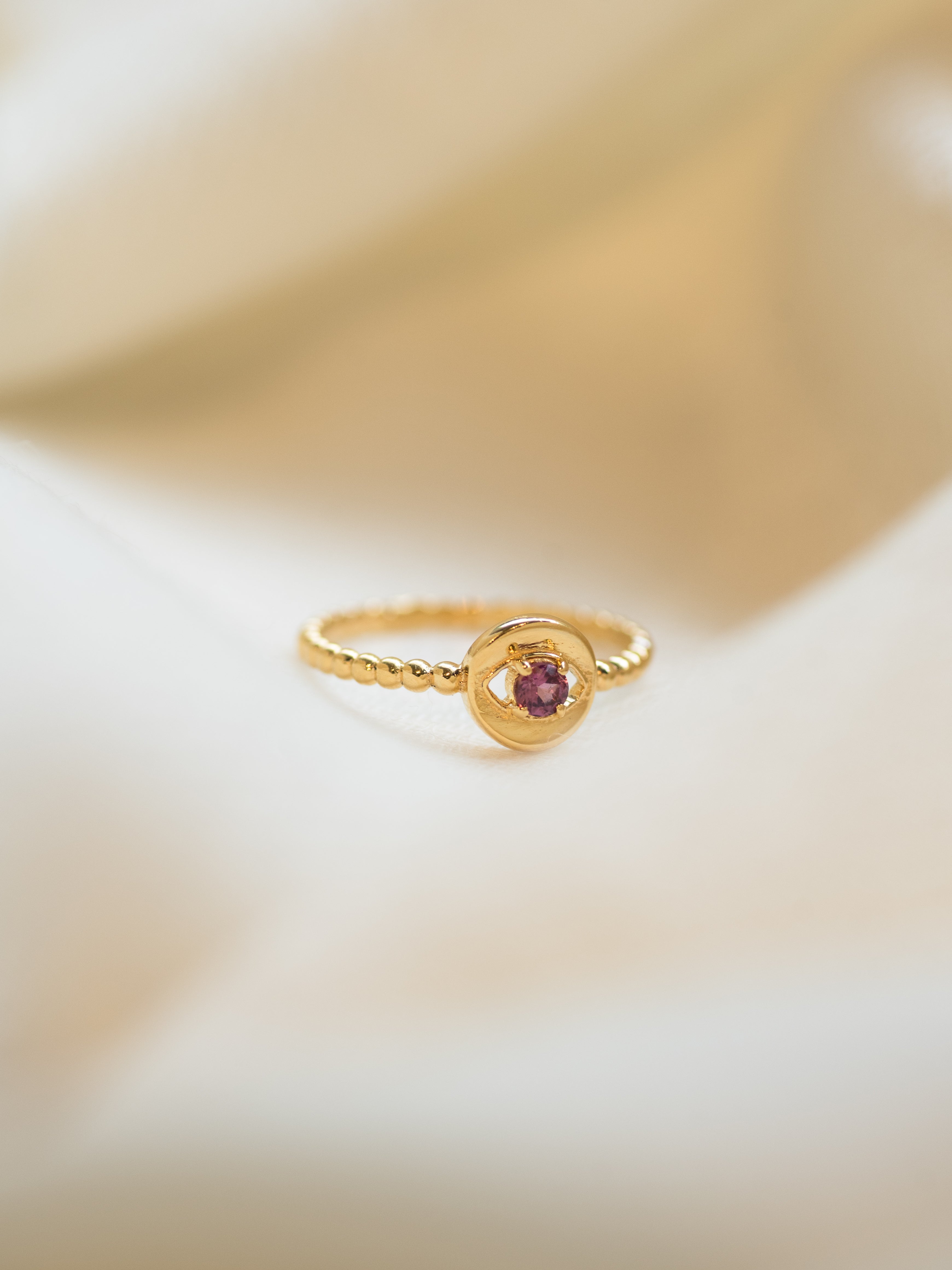 Guardian Eye Garnet Ring, handcrafted ring in 24K gold vermeil