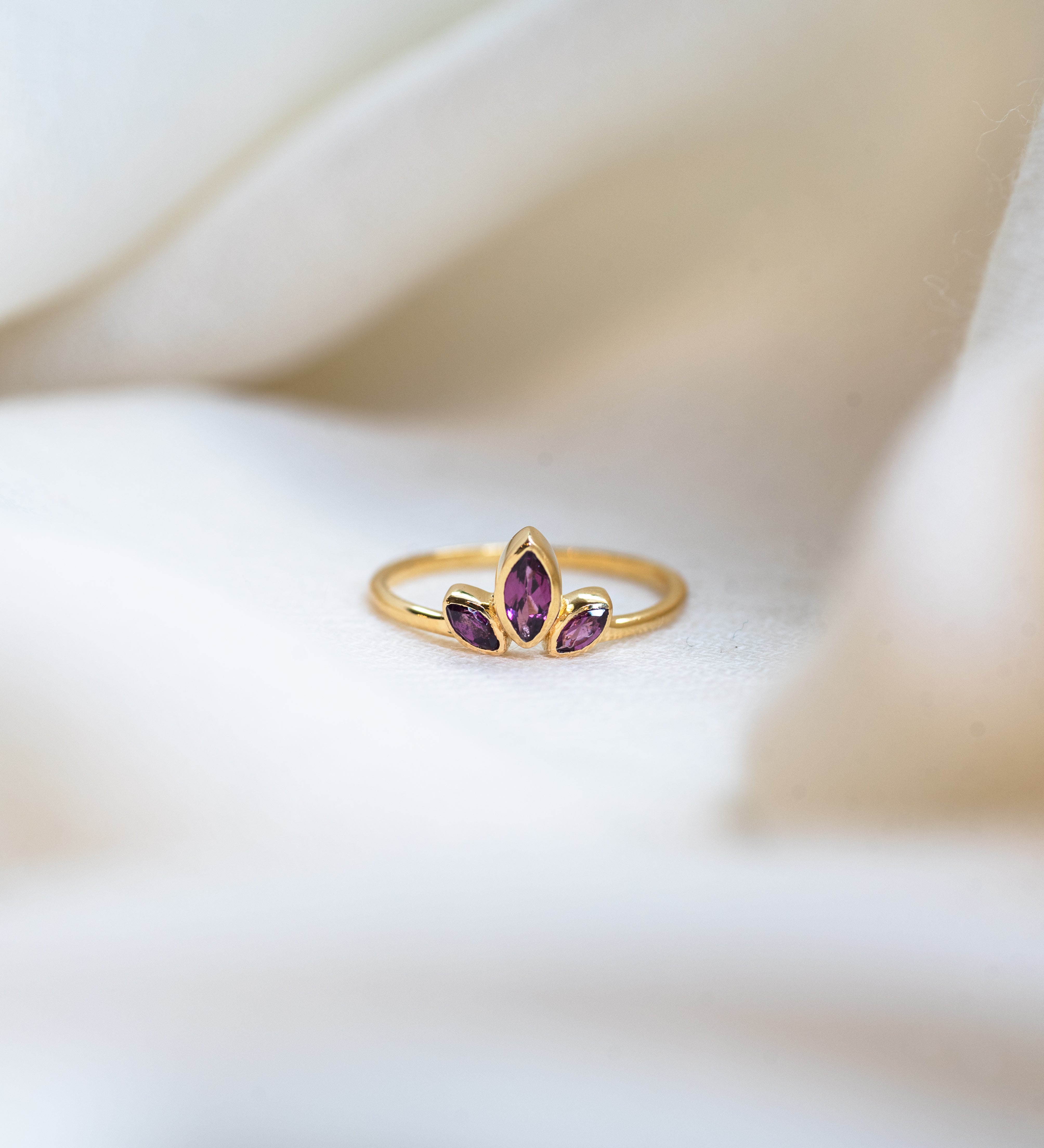 Trident Rhodolite Garnet Ring, handcrafted ring in 24K gold vermeil
