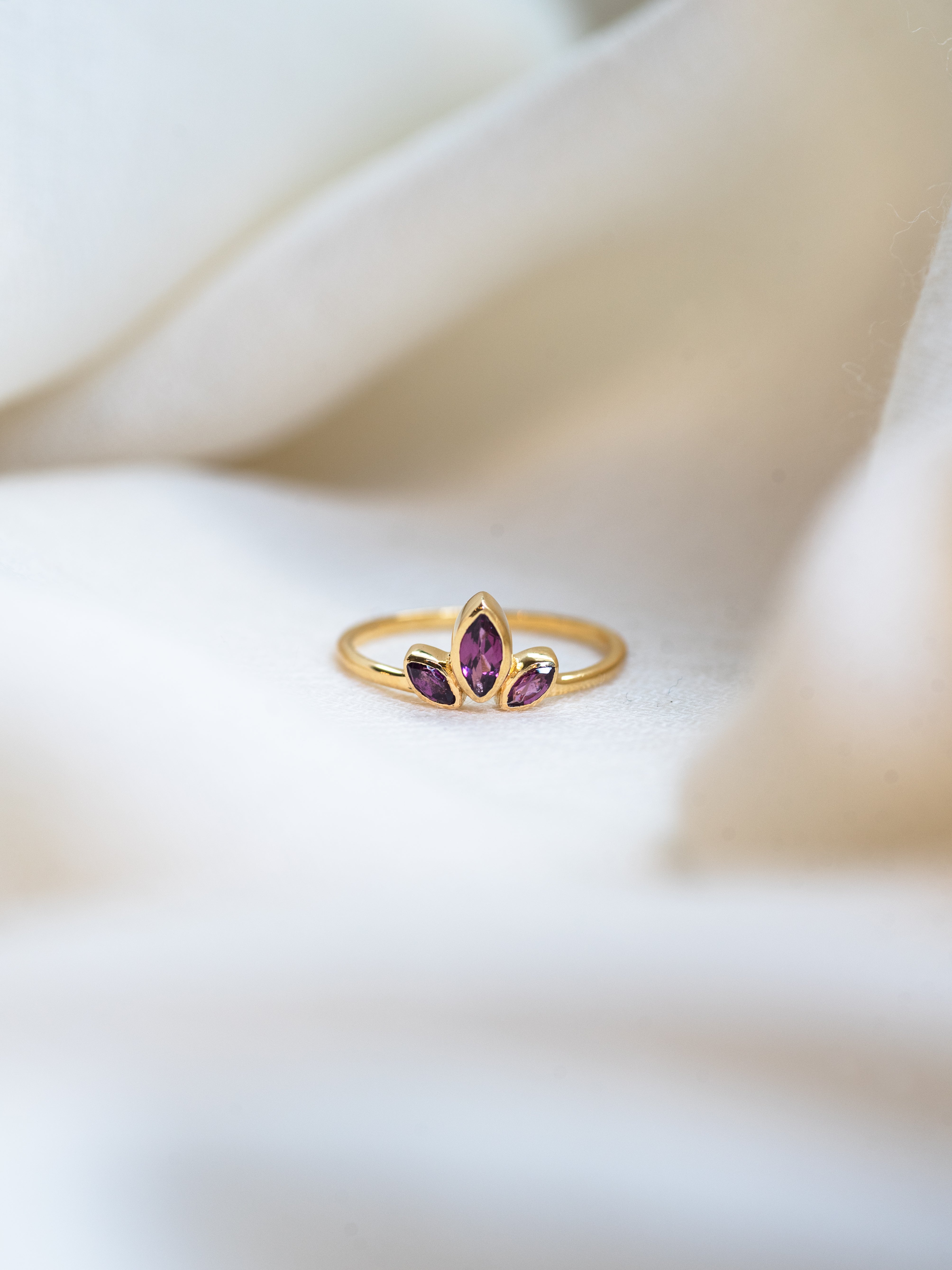 Trident Rhodolite Garnet Ring, handcrafted ring in 24K gold vermeil