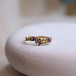 Asymmetrical Amethyst and Peridot Ring, handcrafted ring in 24K gold vermeil