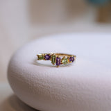 Asymmetrical Amethyst and Peridot Ring, handcrafted ring in 24K gold vermeil