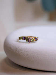 Asymmetrical Amethyst and Peridot Ring, handcrafted ring in 24K gold vermeil