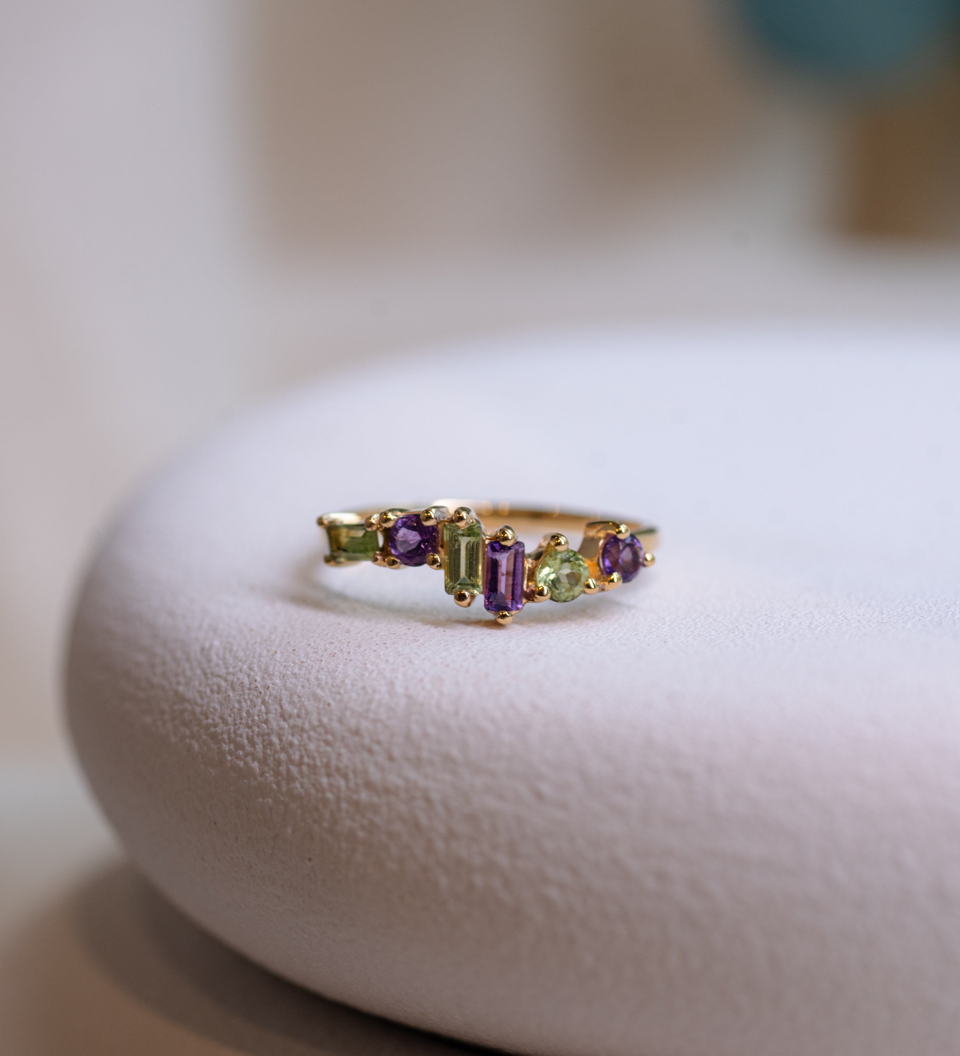 Asymmetrical Amethyst and Peridot Ring, handcrafted ring in 24K gold vermeil