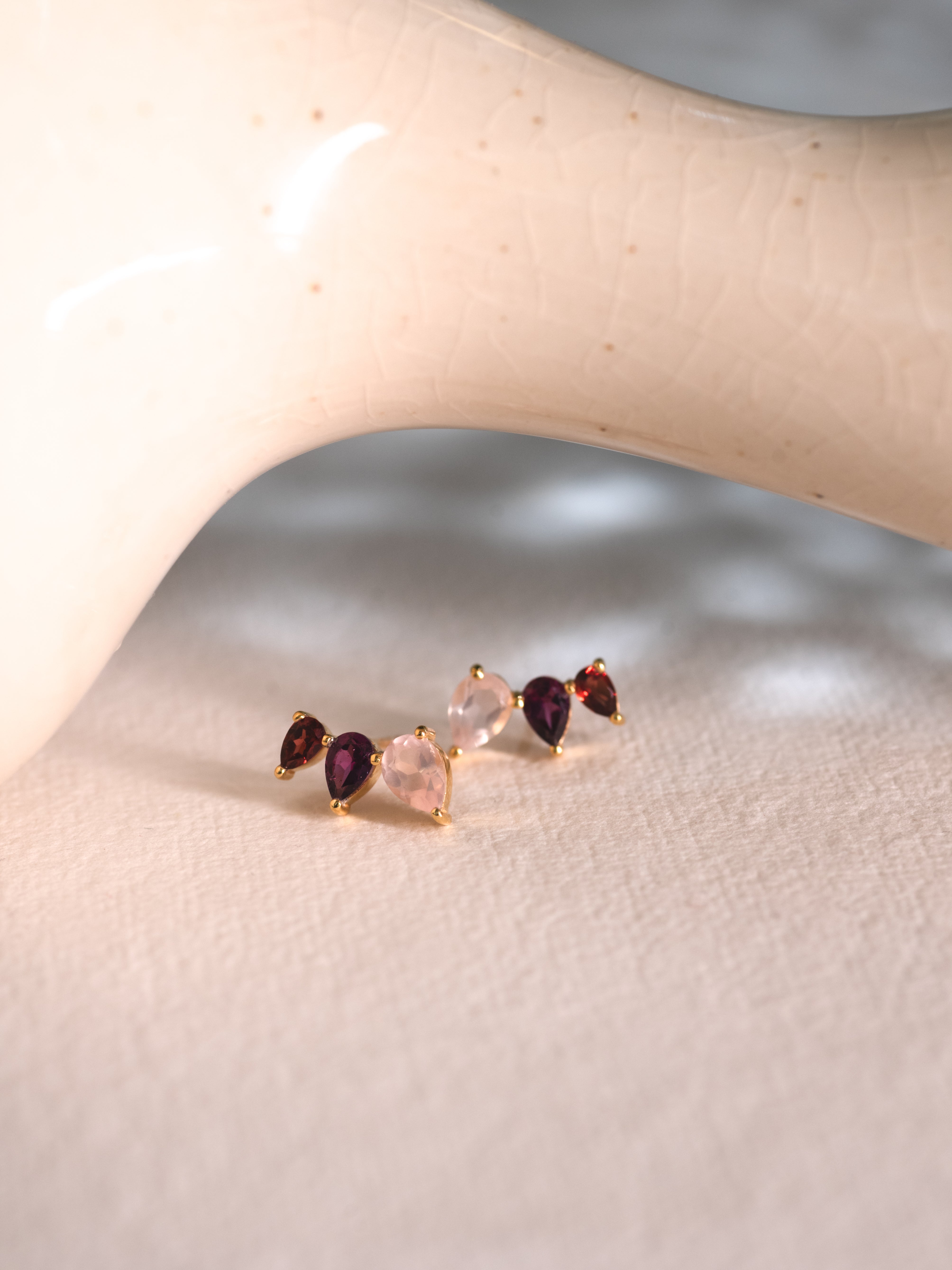 Rose Ombre Trio Studs, handcrafted earrings in 24K gold vermeil