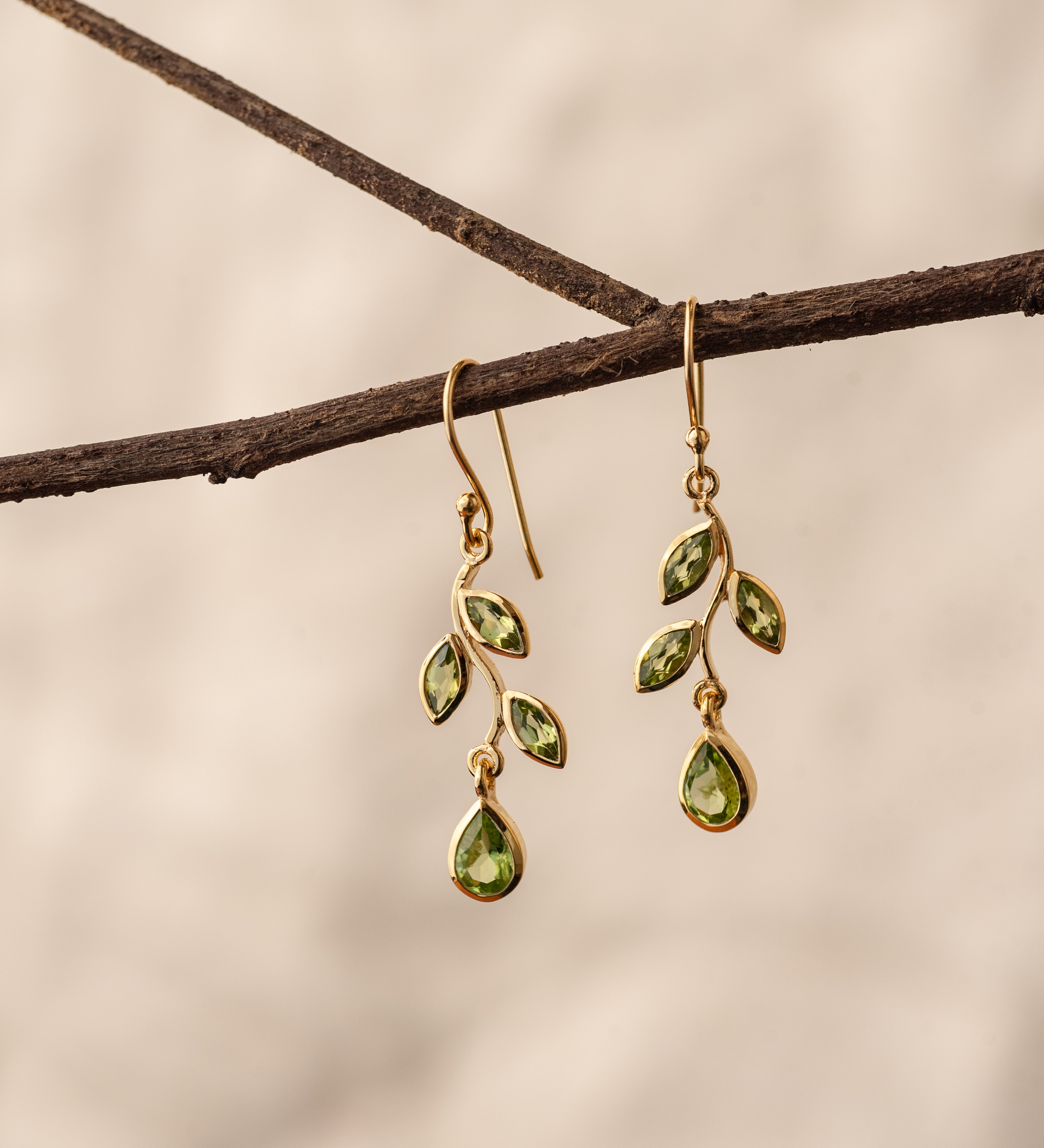 Leaf Peridot Earrings, handcrafted earrings in 24K gold vermeil