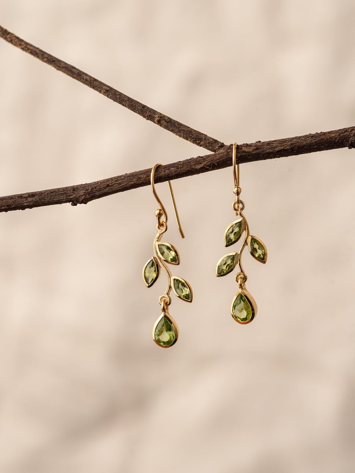 Leaf Peridot Earrings, handcrafted earrings in 24K gold vermeil