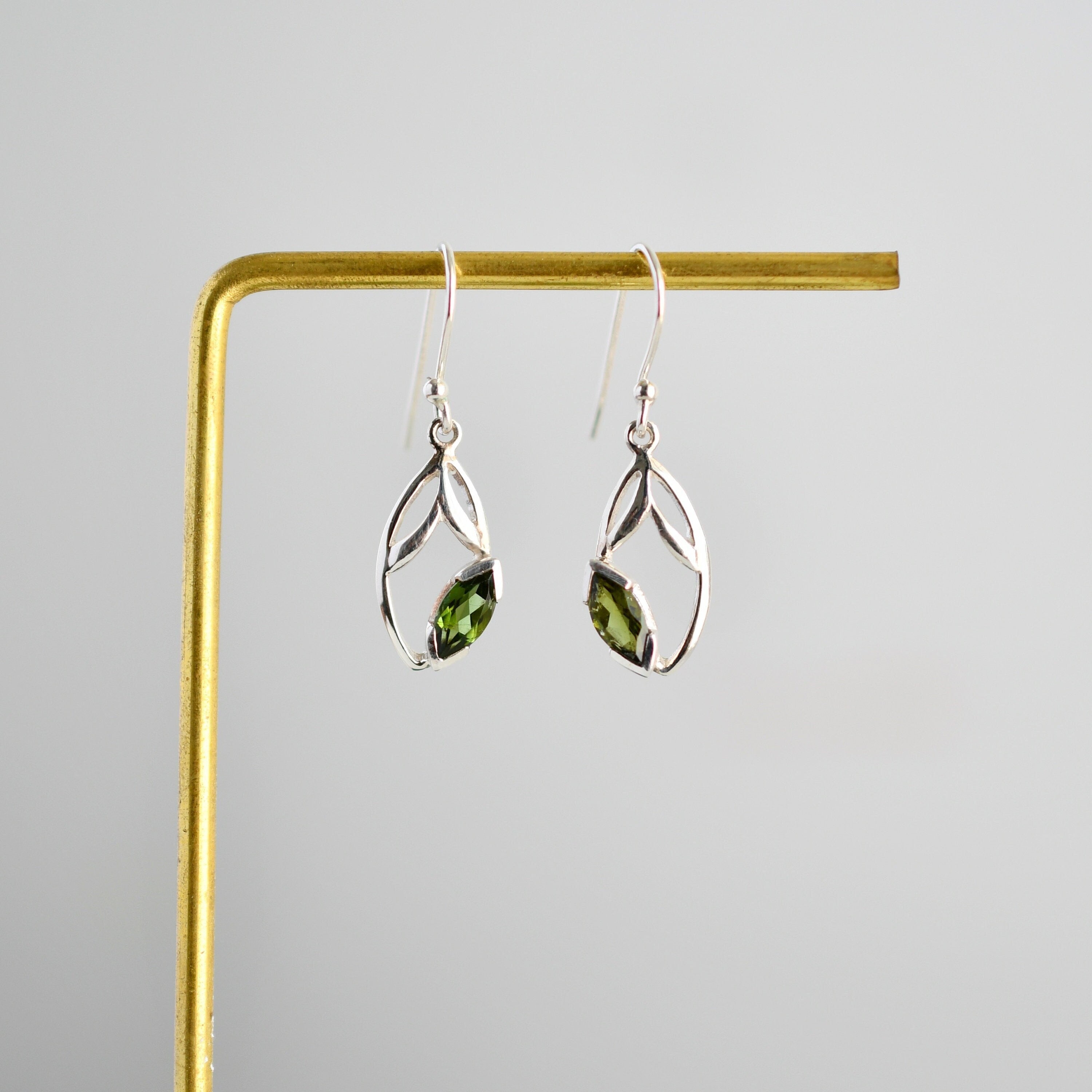 Green Tourmaline Leaf Earrings in 925 sterling silver