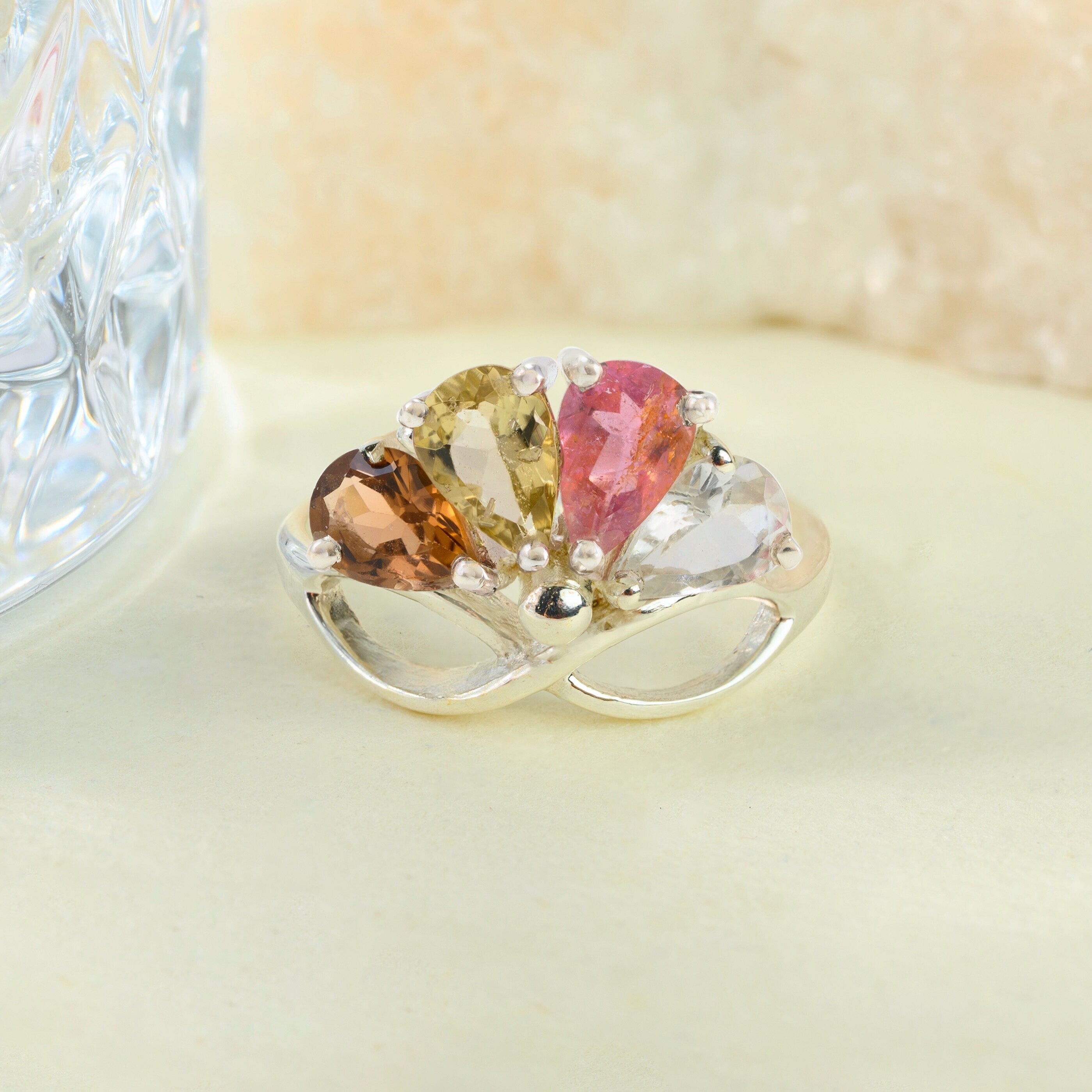 Art Deco Tourmaline Fan Ring in 925 sterling silver