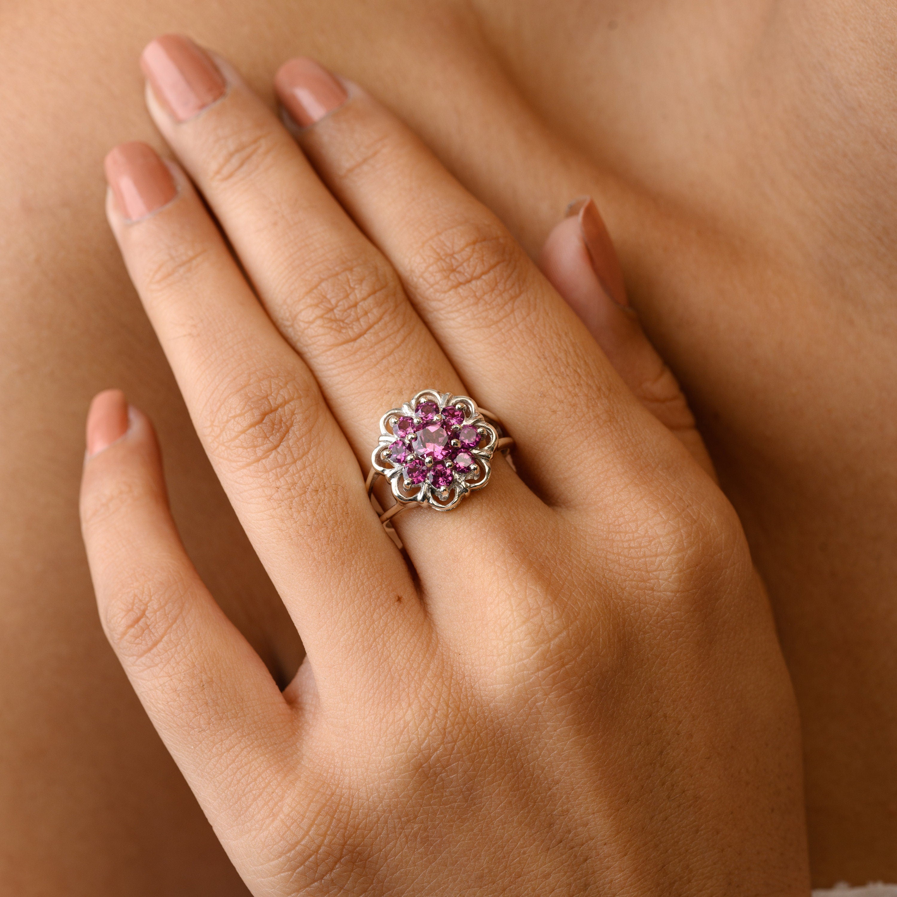 Rhodolite Garnet Flower Ring