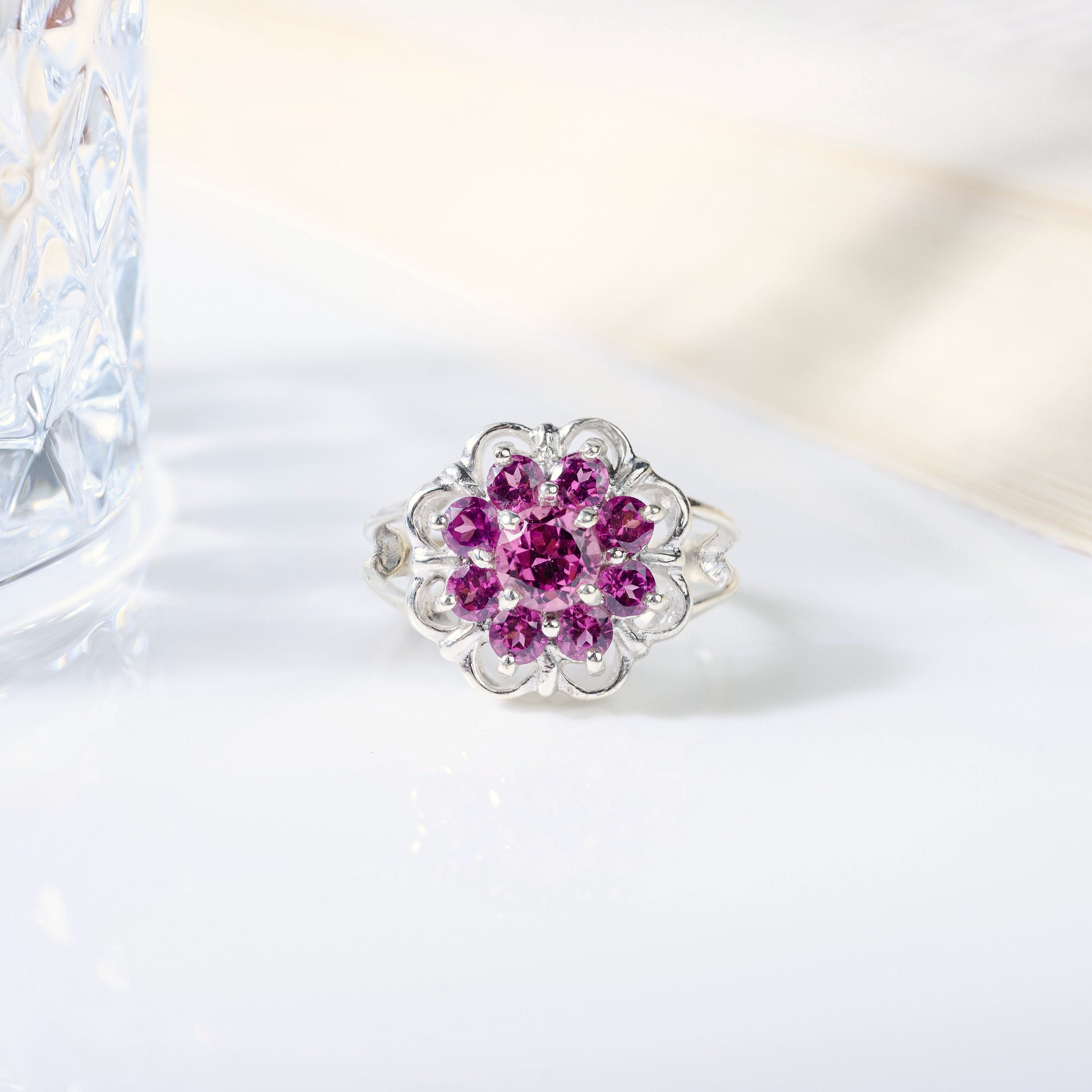 Rhodolite Garnet Flower Ring in 925 sterling silver