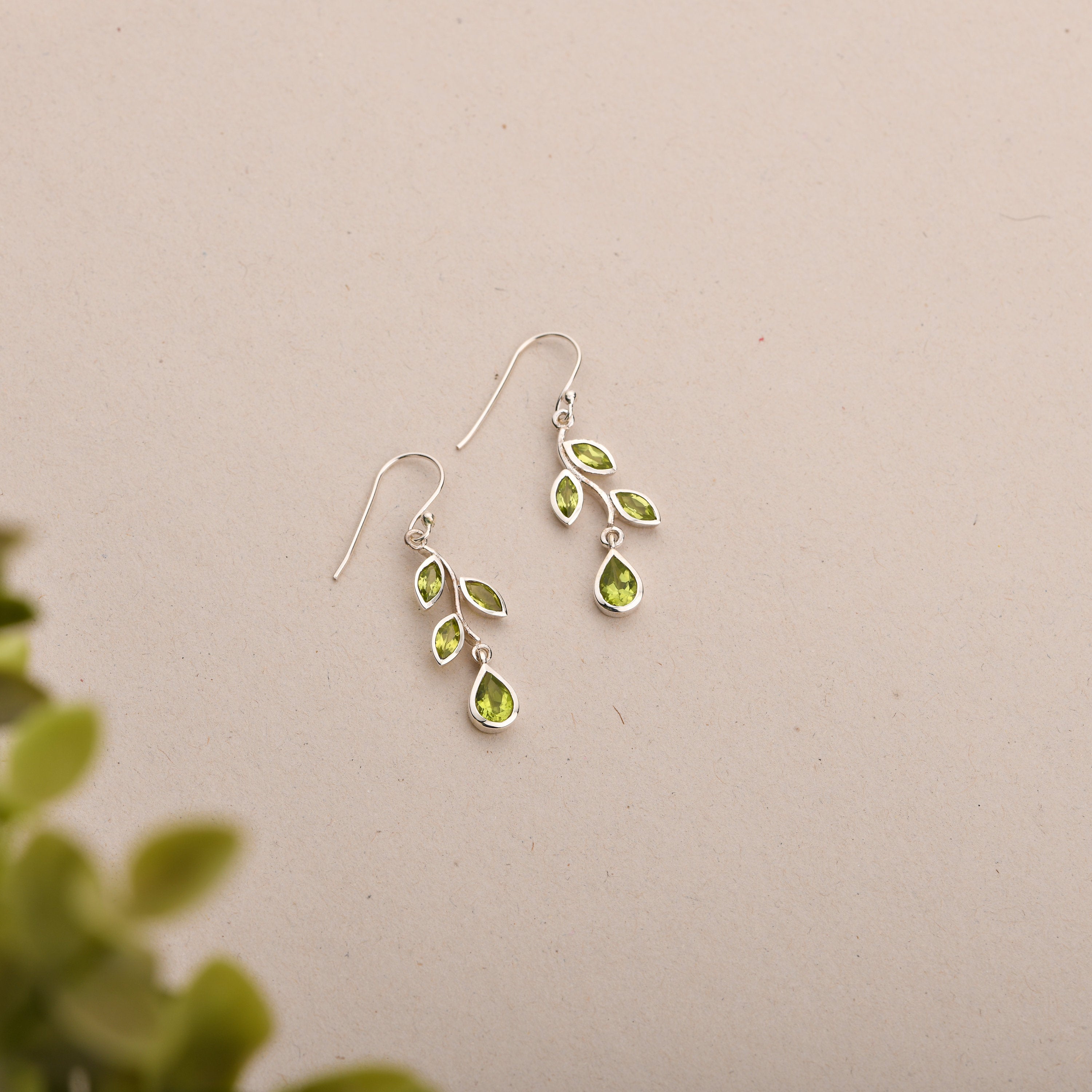 Leaf Peridot Earrings in 925 sterling silver